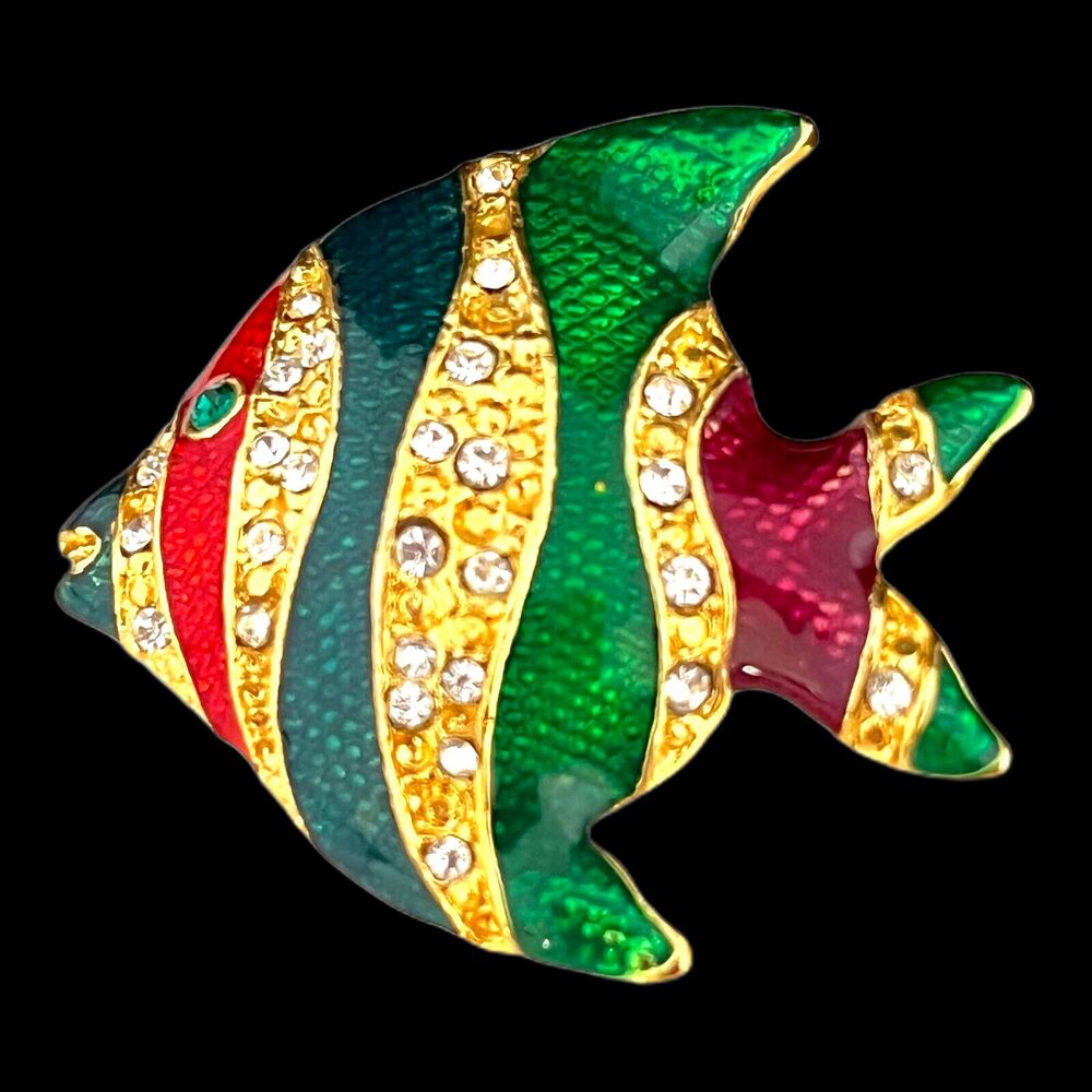 Vintage 1980s Tropical Fish Brooch Enamel Crystal Gold Tone Figural Pin - 7J